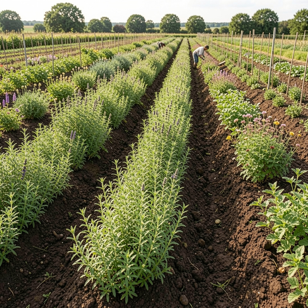 Organic farm with regenerative agriculture practices growing medicinal herbs and botanicals